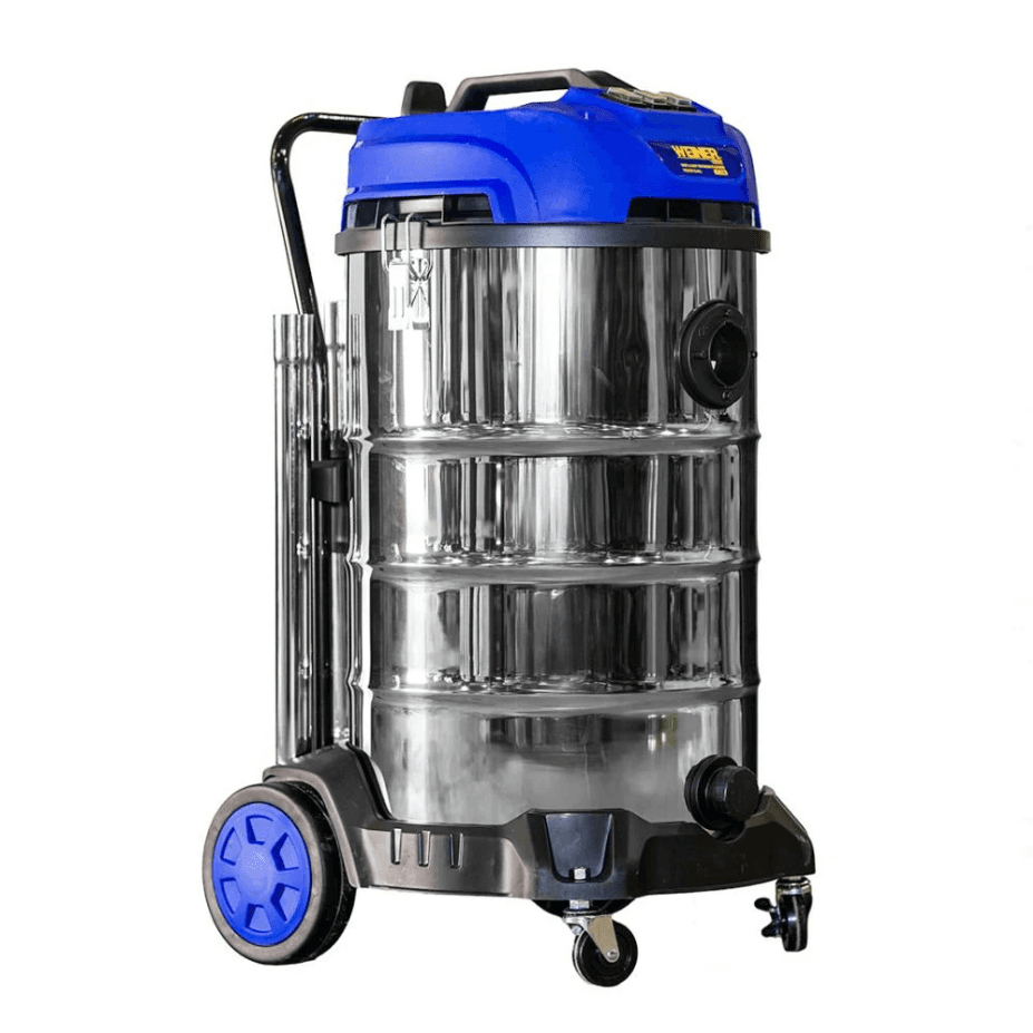 WEINER Tech 80L stainless steel industrial wet and dry vacuum cleaner featuring triple motors, a 5-meter hose, and professional cleaning nozzles.