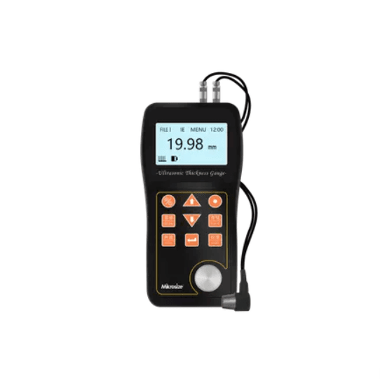 Mikrosize iThick-200 portable ultrasonic thickness gauge with a backlit digital screen demonstrating thru-coating measurement capabilities.