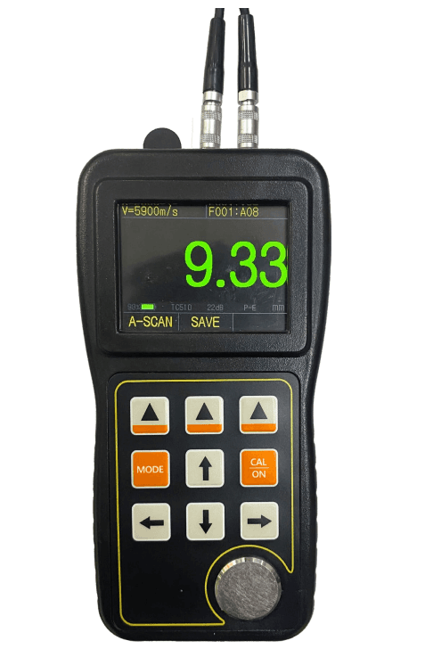 Mikrosize iThick-4000 handheld ultrasonic thickness gauge displaying digital screen with live A-scan waveform data for precise NDT inspection.
