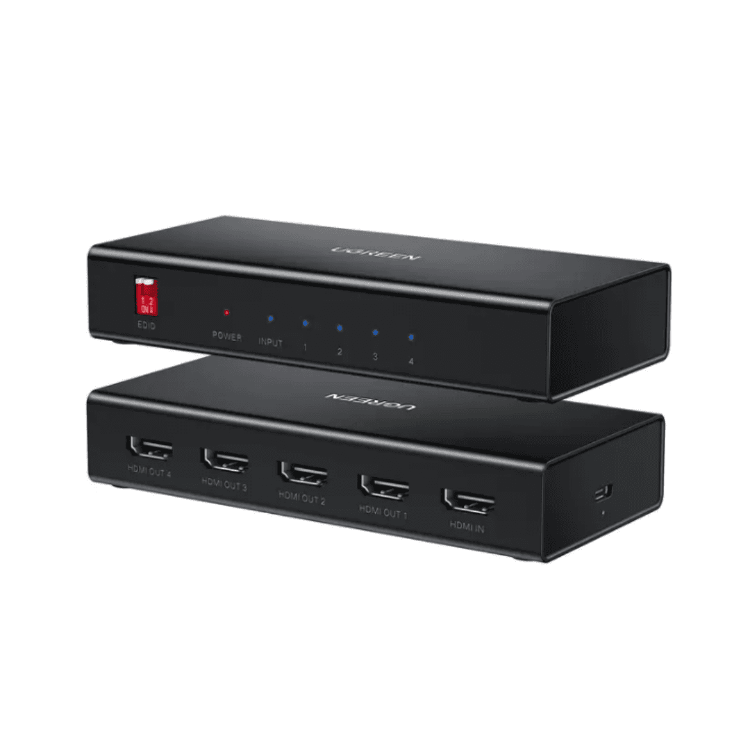 UGREEN 1x4 HDMI Splitter 4K 60Hz showing one input source connected to four separate display monitors.