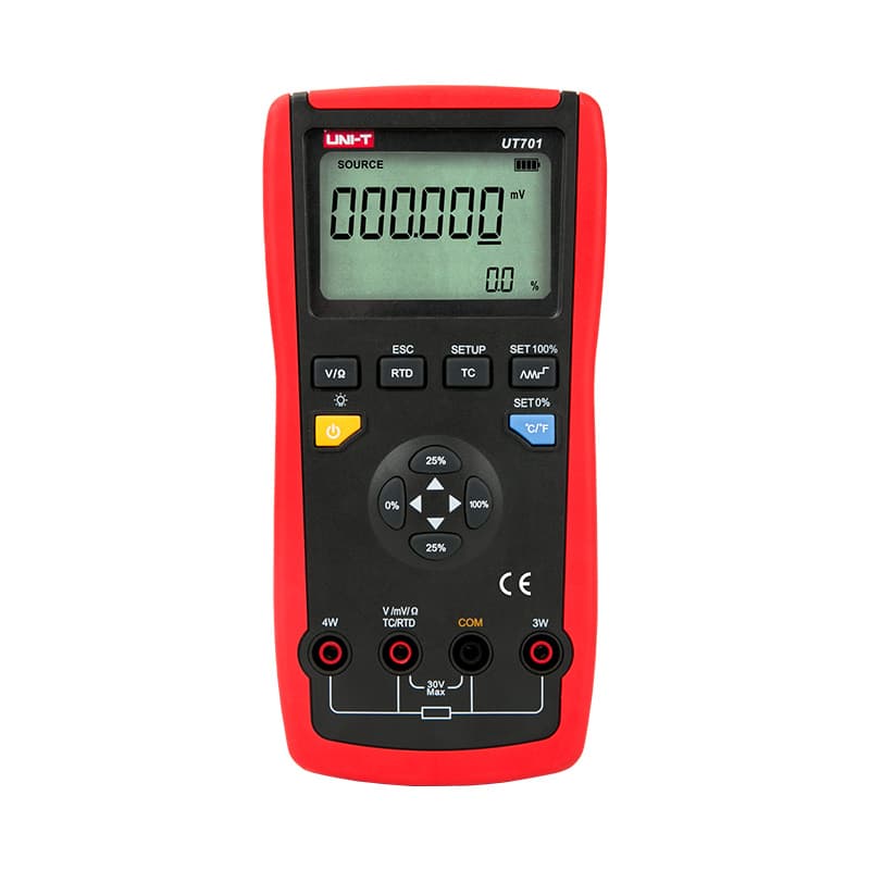 UT701 handheld temperature calibrator showing support for various thermocouples and RTD sensors for professional calibration.