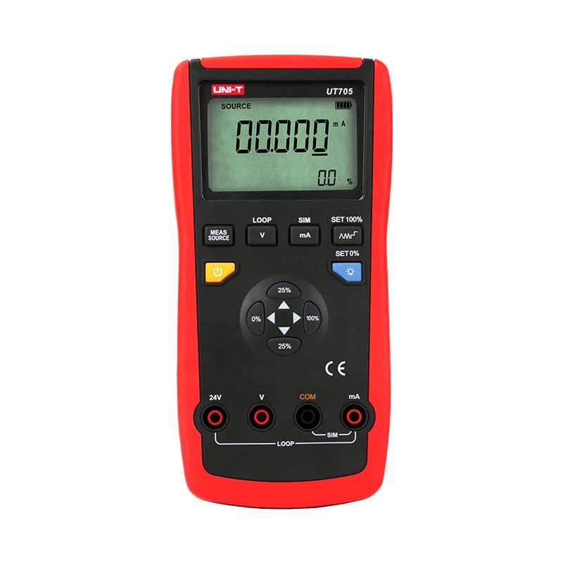 UT705 loop calibrator showing high-accuracy DC current measurement and transmitter analog output functions.