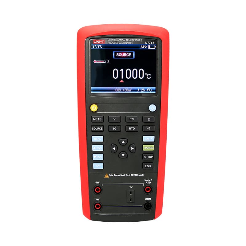 UT714 process calibrator displaying measurement and sourcing functions for temperature sensors and electrical signals.