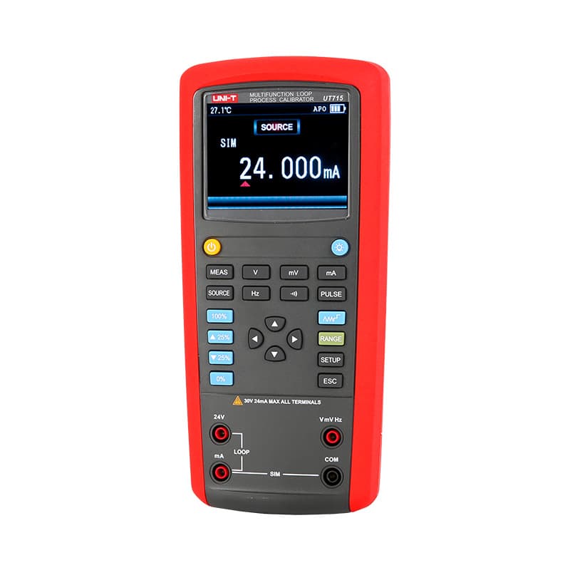 UT715 multifunction loop process calibrator showing current and voltage sourcing and measurement capabilities.