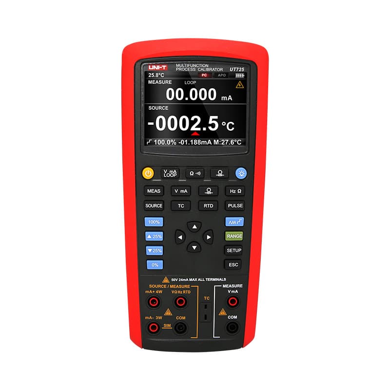 UT725 multifunction process calibrator for measuring and sourcing temperature and loop signals in industrial environments.
