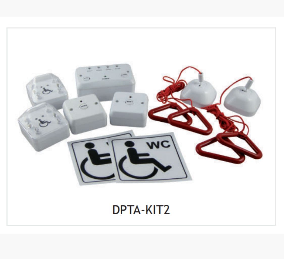 DPTA-KIT1 Disabled Toilet Alarm System kit including control panel, pull cord, and remote reset button.