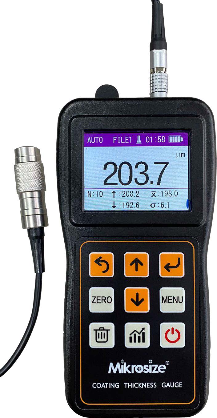 Mikrosize iCoat-200 coating thickness gauge with separate external probe for professional metal substrate inspection.