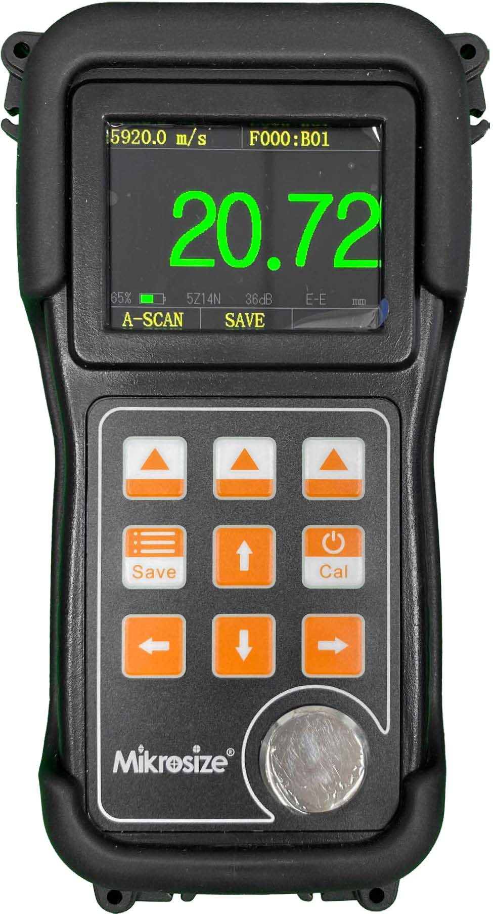 Mikrosize iThick-7000 ultrasonic thickness gauge showcasing large digital screen with professional A-scan and B-scan graphical waveforms.