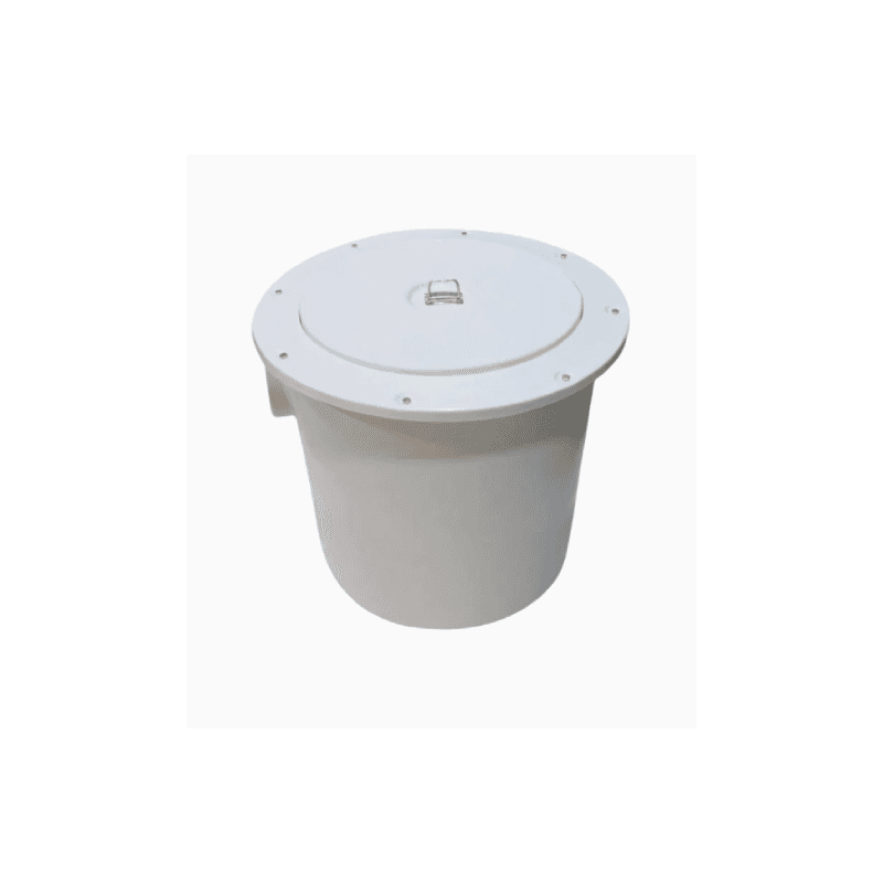 White cylindrical FRP fiberglass oil and grease separator tank featuring a central removable lid, top mounting flange, and outlet connection pipes.