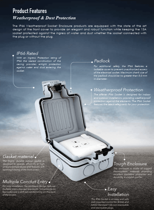 Rubber Socket Weatherproof Alfanar WN115 IP66 Weatherproof Socket | Najoom Al Falah KSA
